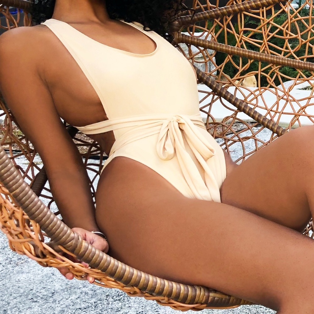 Cream-Colored One Piece with Extra-Long Halter Tie